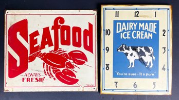 Vintage Dairy Wall Clock & Metal Seafood Sign