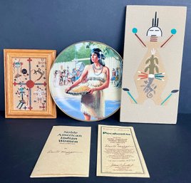 2 Native American Sand Paintings And A Pocahontas Commemorative Plate