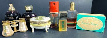 Vintage Mother Of Pearl Opera Glasses, Perfumes, Porcelain Trinket Box, And More