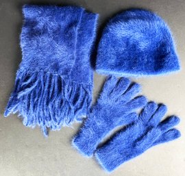 Blue Rabbit Fur Hat, Scarf & Gloves