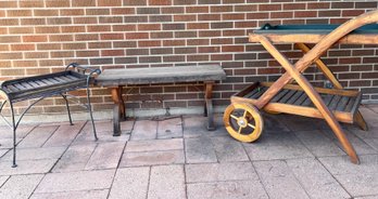 Planter Cart, Wood Bench And Metal Table