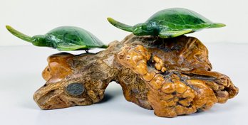 Mid-Century John Perry Driftwood Sculpture: Green Turtles