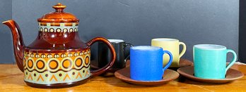 Vintage Stratford Tea Pot With Ceramic Mugs On Teak Saucers, As Is