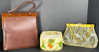 3 Vintage 1950s-70s Handbags Including Leather, Transparent Plastic & Decoupage Wooden Box Purse