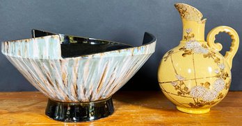 Mid Century Drip Style Large Ramen Bowl With Japanese Ewer, As Is