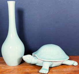 Vintage Gump's San Francisco Celadon Turtle Box & Seiji Stork Neck Vase