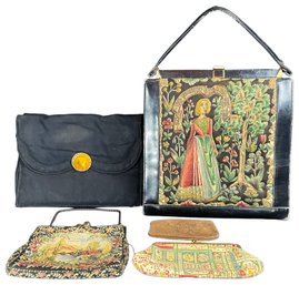 5 Vintage Handbags Including Amazing 1950s-60s Tapestry Purses