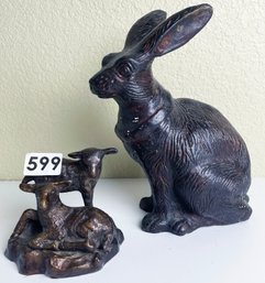 Adorable (Bronze?) Sheep And Bunny Statues