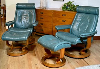 Pair Of Ekorne Stressless Teal Leather Recliners With Ottomans