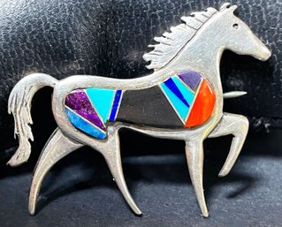 Beautiful Calvin Begay Sterling And Turquoise, Coral, Lapis, Sugilite, & Opal Inlay Horse Pin