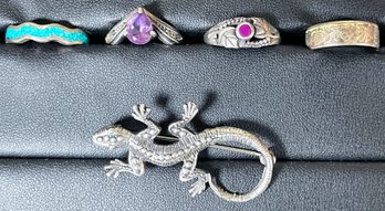 4 Silver (sterling?) Rings And Lizard Pin