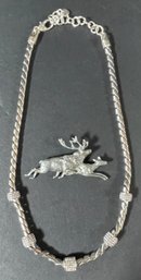 Thick Brighton Necklace With Rhinestone Barrel Beads & Running Elk Brooch