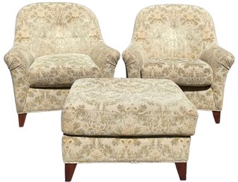 Pair Of Thomasville Upholstered Chairs With Matching Ottoman