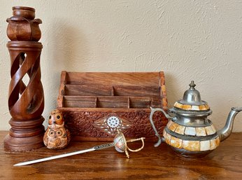 Carved Wood Desk Organizer And Candlestick & More