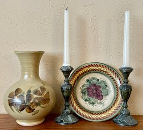 Pacific Stoneware Vase, Mexican Painted Bowl, And Metal Candlesticks
