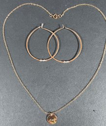 Beautiful Hammered Copper Finish Hoop Earrings With Delicate Stones And Matching Love Charm & Chain