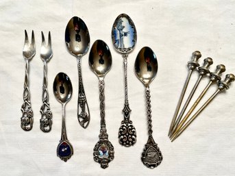 Assorted Souvenir Spoons, Nils Yohan Swedish Olive Forks, & More