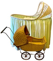 Vintage Bassinet With Atomic Skirt & Antique Child's Baby Doll Carriage