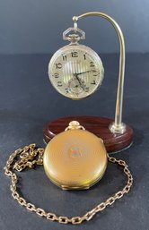 2 Vintage Pockets Watches, Gold Filled Fob Chain, And Watch Stand