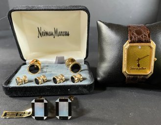 Men's Storagetek Watch And Onyx/Mother Of Pearl Cufflinks And Buttons