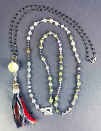 Two Long Beaded Necklaces, One Has A Watch Pendant