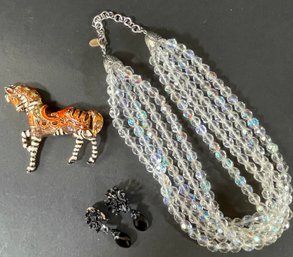 Erwin Pearl Faceted Multistrand Necklace With Louis Feraud Enameled Horse Pin, & Black Clip Earri