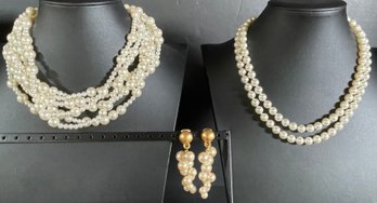 Faux Pearl Necklaces And Cascading Clip On Earrings