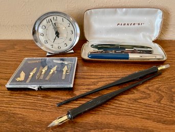 Vintage Pens Including Parker And Westclox Alarm Clock