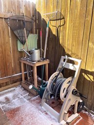 Assorted Yard Tools W/holder, Water Pot, And Hose Reel W/Hose