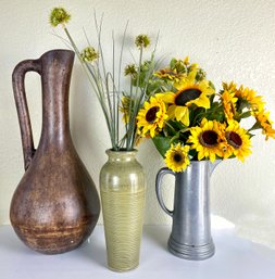 Large Mexican Ewer, Pewter Pitcher With Faux Sunflowers, & More