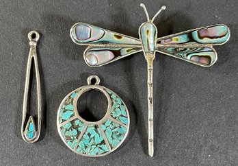 Vintage Sterling And Abalone Dragonfly Pin With Silver And Turquoise Pendants