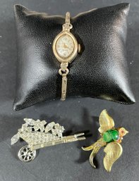 Vintage Brooches And Womens' Watch