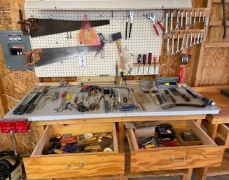 Assorted Tools Including Wrenches, Saws, Drivers, Crow Bar, And More