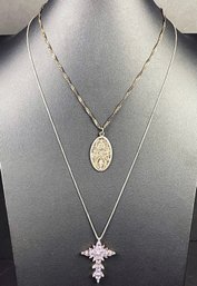 2 Vintage Sterling Silver Catholic Pendant Necklaces