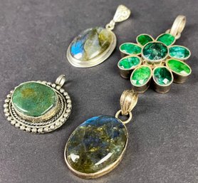 4 Vintage Pendants Including Labradorite, Emerald, Sterling Silver & More