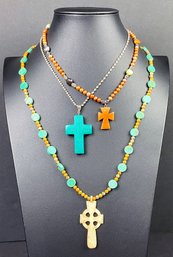 3 Beautiful Stone Cross Necklaces (1 With Sterling Chain)