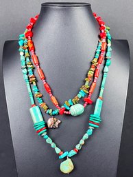 3 Gorgeous Native American Turquoise, Coral, & Stone Necklaces