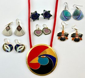 Enameled Earrings And Pendant Including Meow And Laurel Burch
