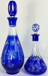 2 Cobalt Blue Cut-to-clear Decanters