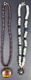 Garnet And Moonstone Beaded Necklaces With Drop Pendants, One Is Sterling