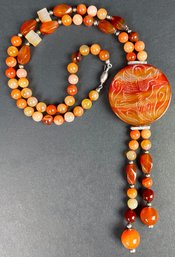 Stunning Carnelian Necklace With Carved Asian Centerpiece