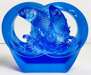 Signed Chinese Tittot Blue Glass Fish Sculpture