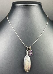 Sterling & What Appears To Be Amethyst Necklace With Vintage Etched Sterling Pendant