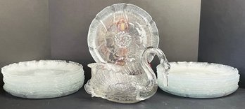 Glass Swan Bowl & 20 Flower Dinner Plates