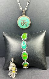 Native American Sterling Silver Symbol Bracelet, Tibetan Om Necklace, & King Tut Pendant