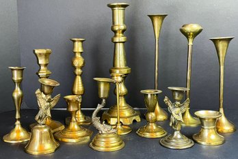 Assorted Brass Candle Holders Including Angel Hand Bell