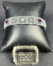 Silvertone Art Deco Bracelet & Carved Glass Pin
