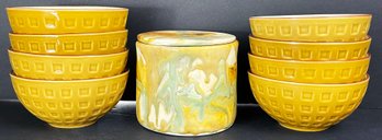 Stunning Signed Pottery Jar With Lid & 8 Small Pier 1 Bowls