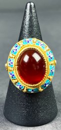 Striking Vintage Chinese Gold Plated Sterling Filigree Ring, Enhanced With Enamel & A Carnelian Cabochon