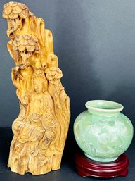 Crystalline Pottery Vase & Carved Driftwood Sculpture